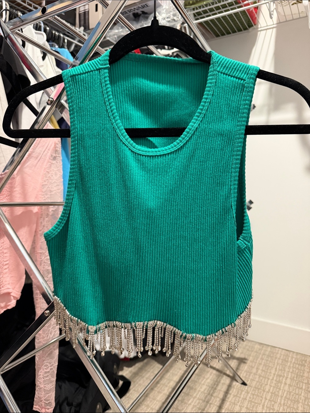 Green Ribbed Crop Tank with Silver Beaded Fringe